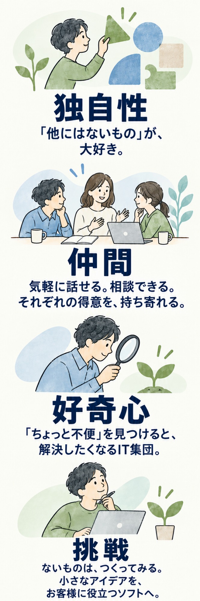 セーブの特徴:地方で働く、価値の創造、総合的なスキル、柔軟な働き方、好奇心旺盛な仲間