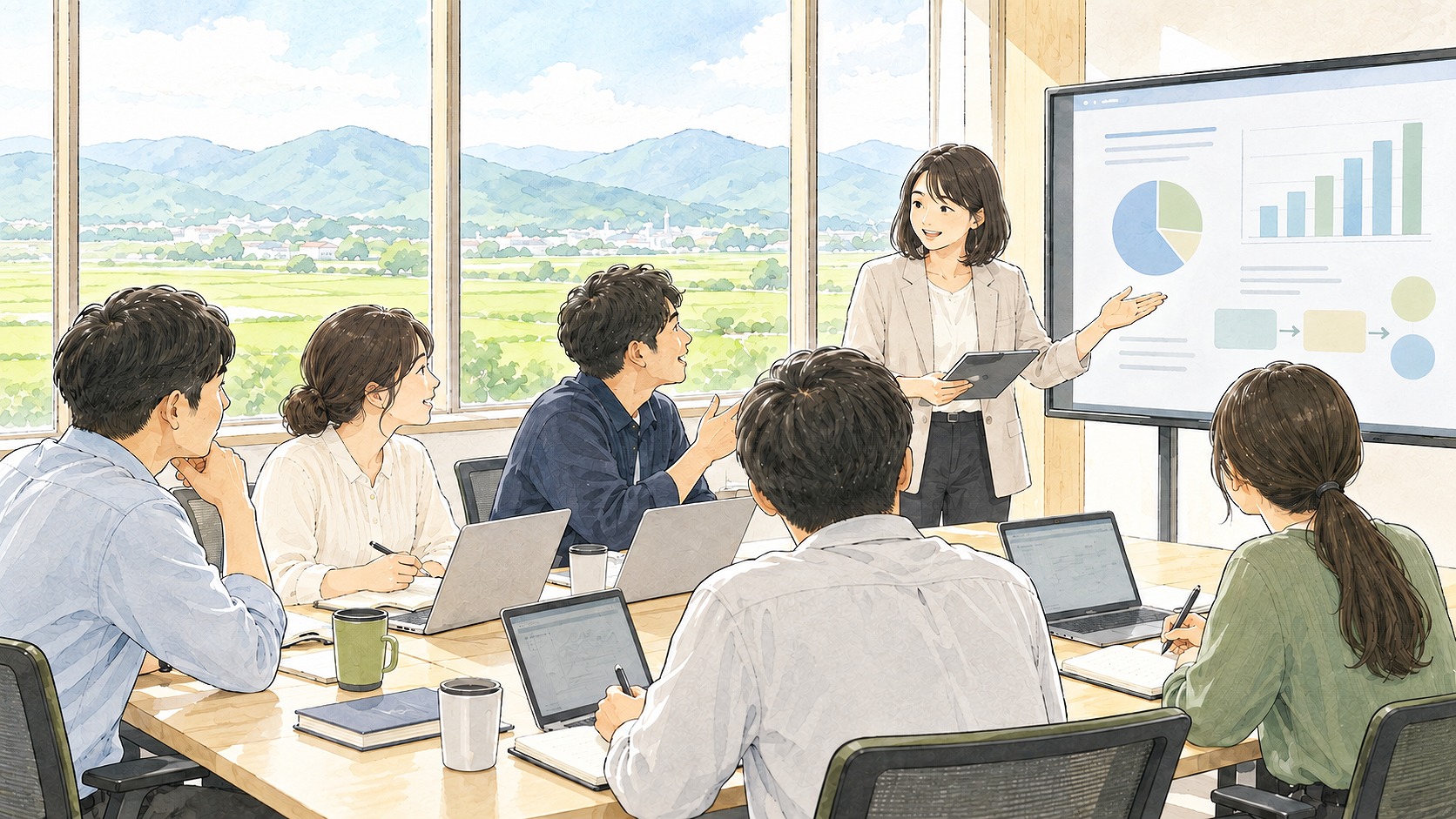 研修を通じて新しい知識や考え方を学ぶ社員たちのイメージイラスト